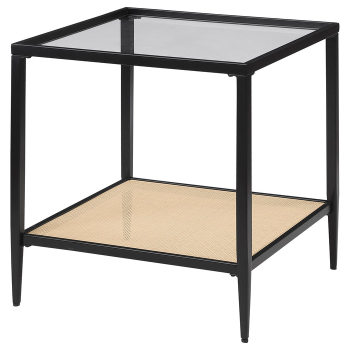 Amherst Glass Top Metal with Cane Shelf End Table Black