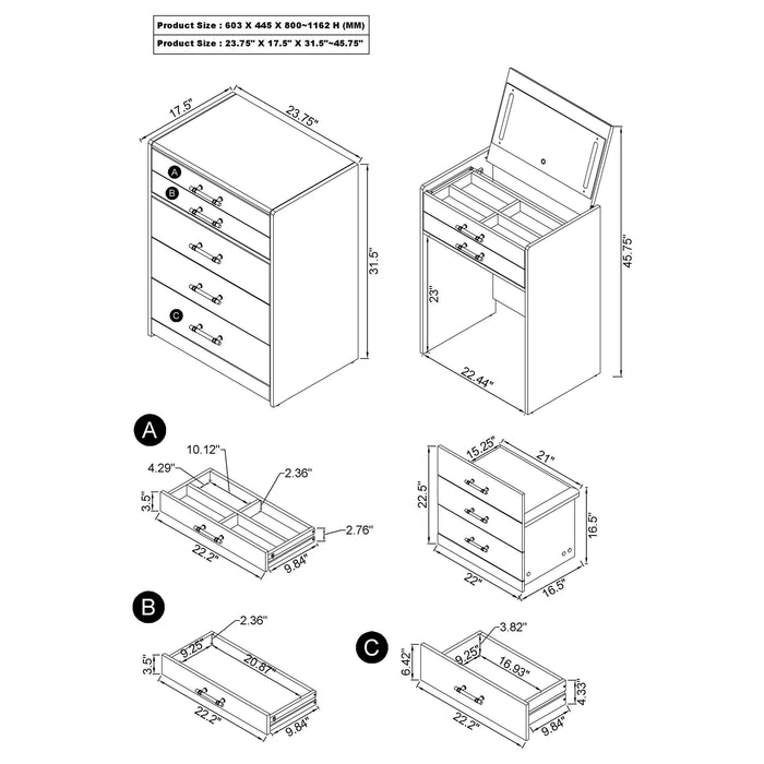 Danbury 3-drawer Makeup Vanity & Stool Set White High Gloss