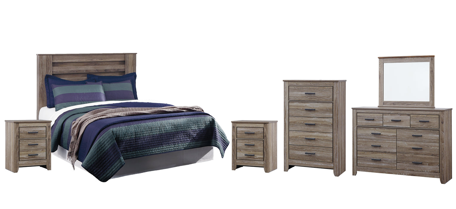 Zelen Queen/Full Panel Headboard with Mirrored Dresser, Chest and 2 Nightstands