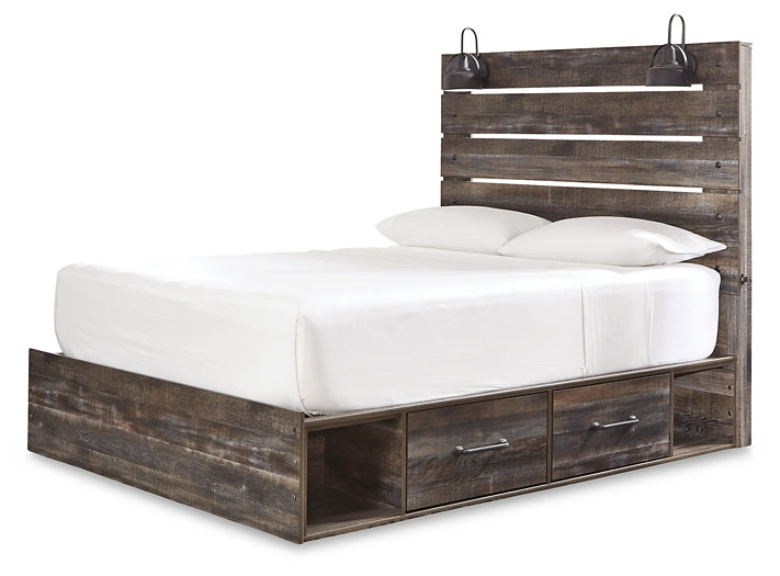 Drystan Queen Panel Bed with 4 Storage Drawers with Mirrored Dresser, Chest and 2 Nightstands