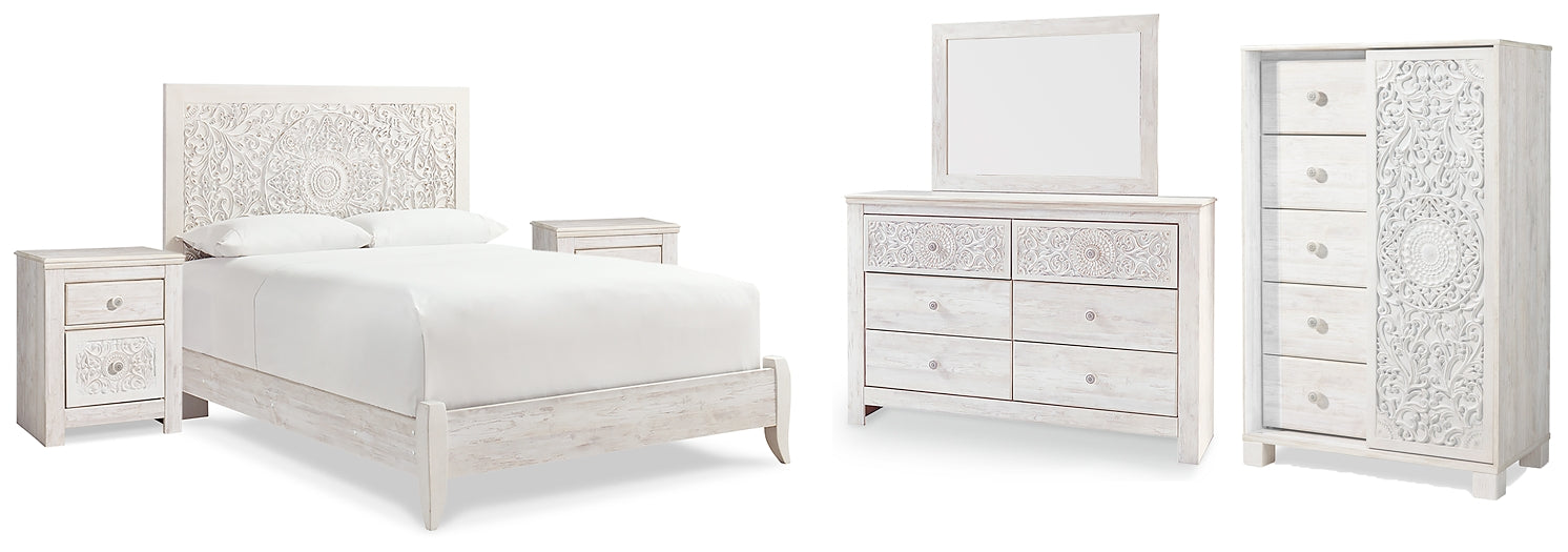 Paxberry Queen Panel Bed with Mirrored Dresser, Chest and 2 Nightstands