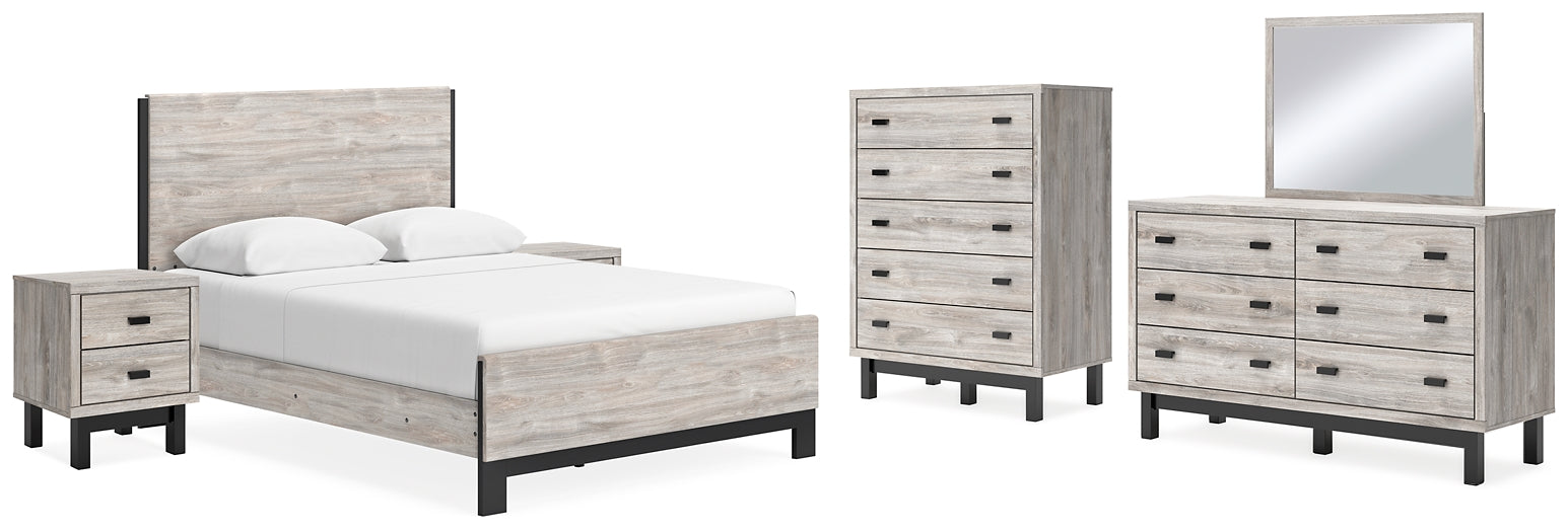 Vessalli Queen Panel Bed with Mirrored Dresser, Chest and 2 Nightstands