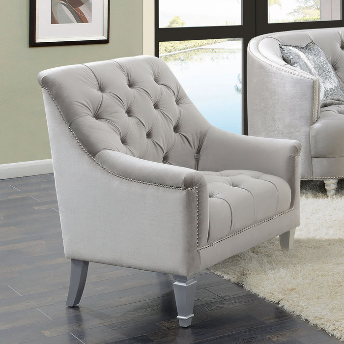 Avonlea Velvet Upholstered Sloped Arm Chair Grey Velvet