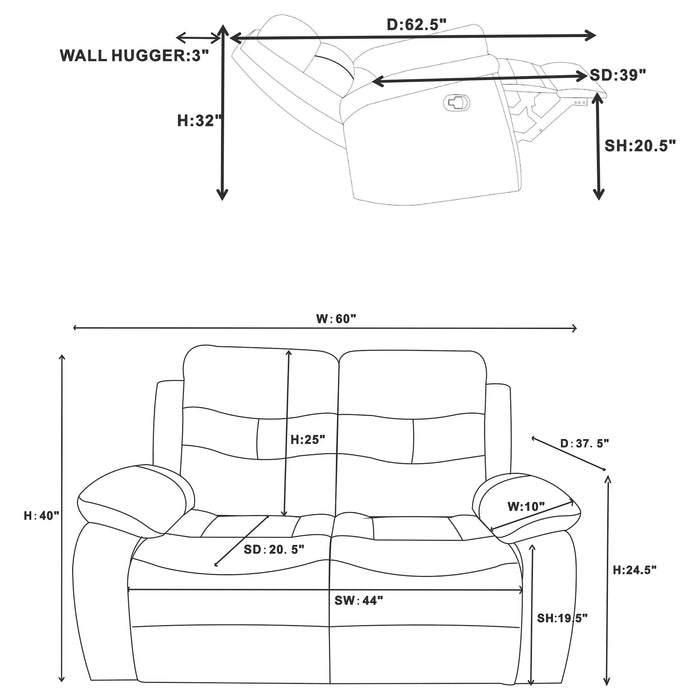 Nova Upholstered Padded Arm Reclining Loveseat Dark Grey