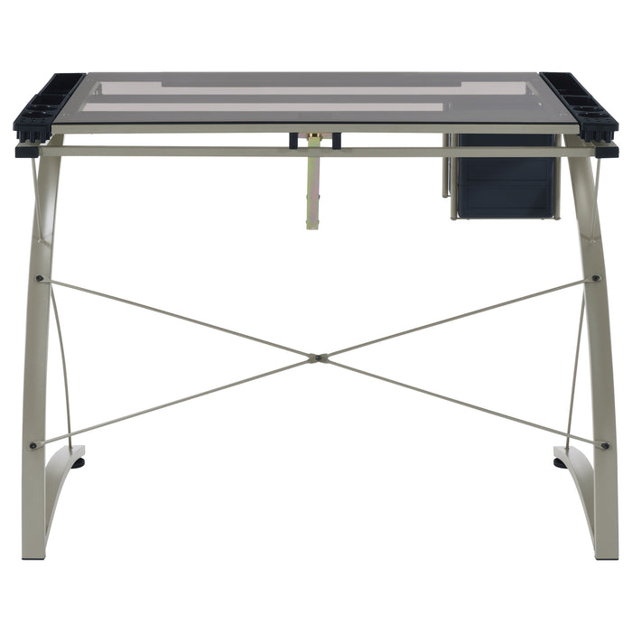 Melo 41-inch Glass Top Drafting Table with Storage Silver