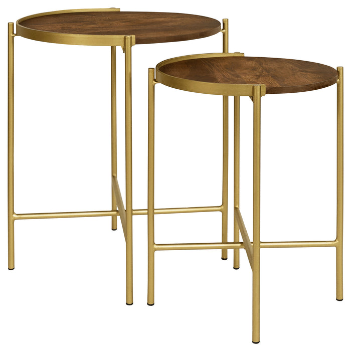 Malka 2-piece Round Wood Nesting Table Dark Brown and Gold